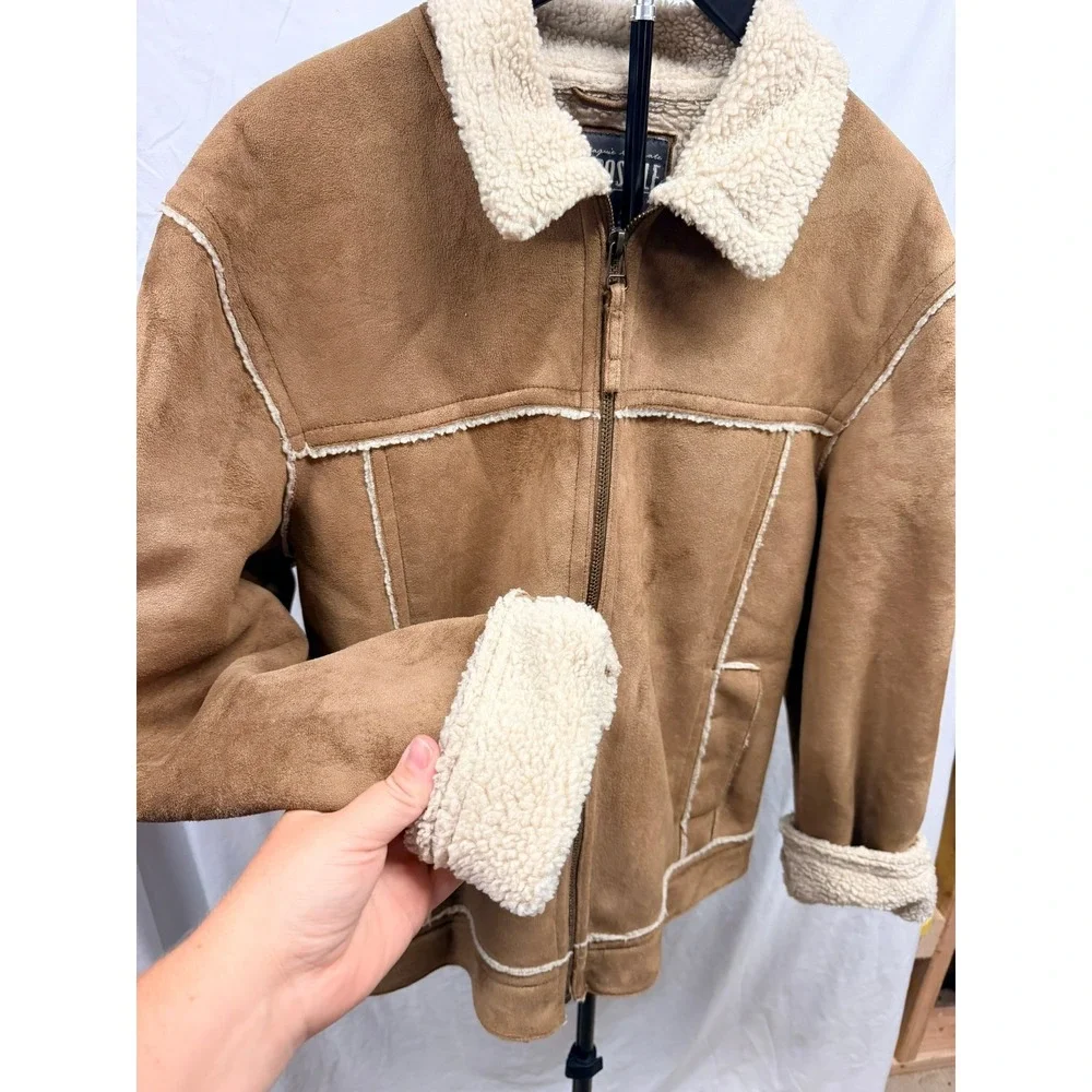Aero VIntage Y2K Mens Suede Sherpa Lined Aviator Jacket Tan Brown Full Zip Large